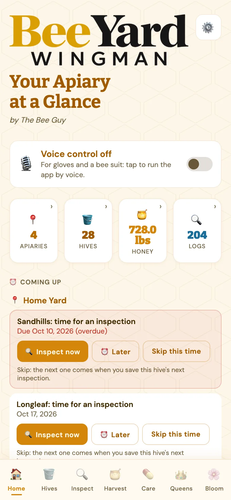 The app's Home screen: four apiaries, 28 hives, 728 pounds of honey and 204 logs, with the inspections coming up in the Home Yard.