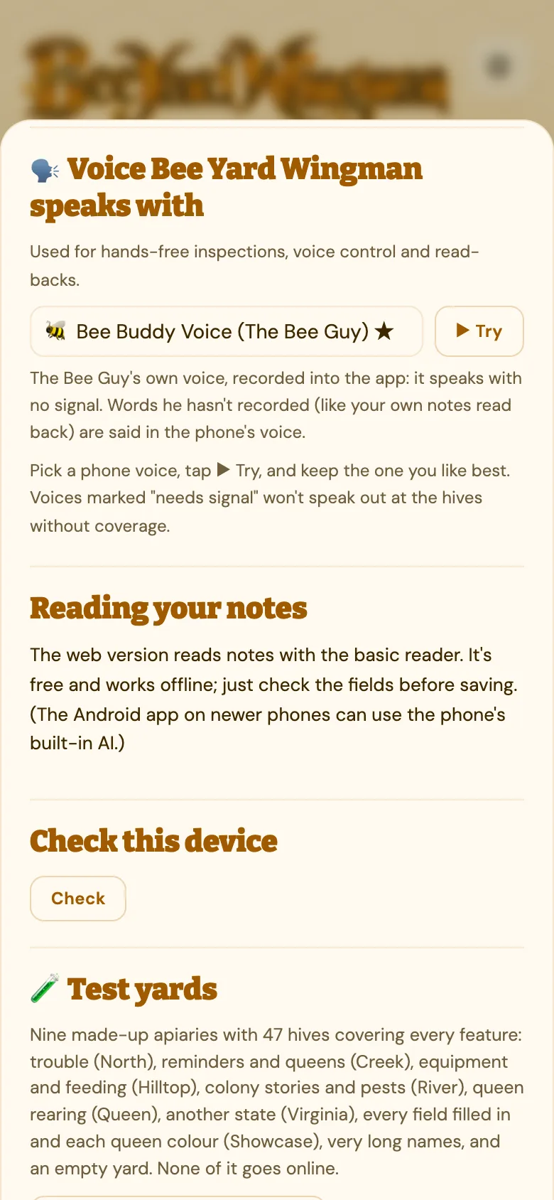 Settings, the voice Bee Yard Wingman speaks with: Bee Buddy Voice (The Bee Guy) is picked, with a Try button. The Bee Guy's own voice, recorded into the app: it speaks with no signal.
